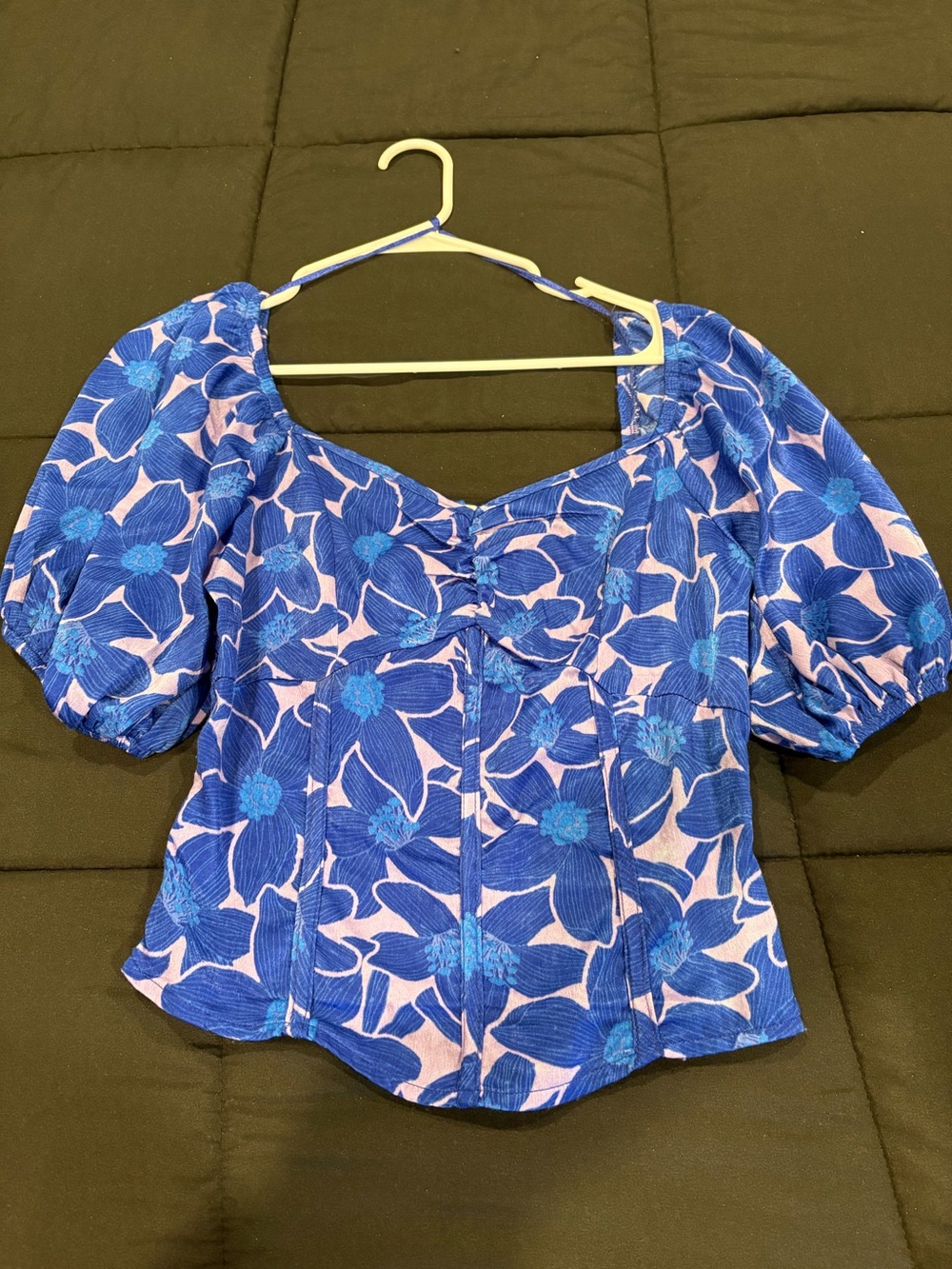 Sienna Sky Blue and Pink Floral Puff-Sleeve Square Neck Top